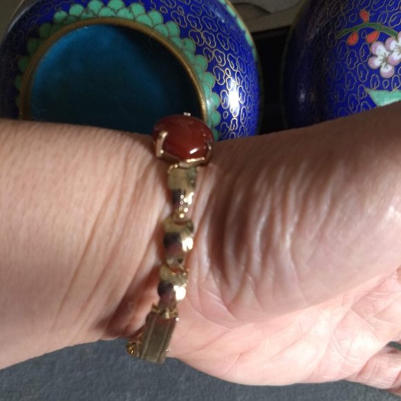 vintage 60s sculptural agate hearts gold links chain bracelet NWOT - Picture 3 of 11